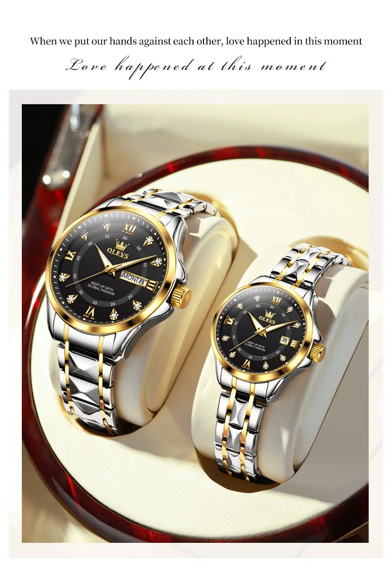 OLEVS, reloj de cuarzo Original superior para parejas, reloj de lujo con esfera de diamante a escala romana para hombres y mujeres, reloj de mano resistente al agua con correa de rombos