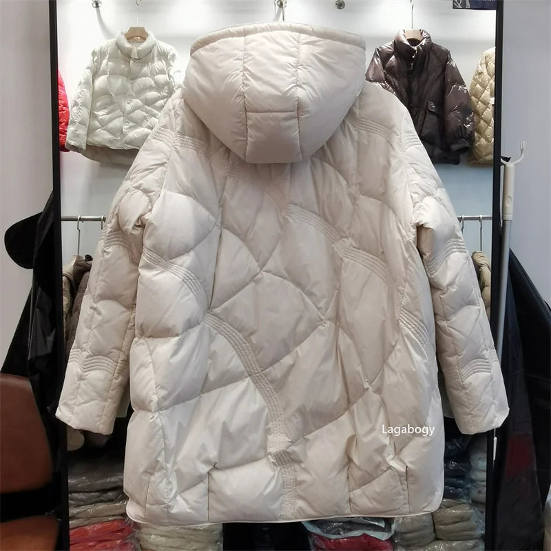 Lagabogy-abrigo holgado de plumón de pato blanco para mujer, Tops Vintage de un solo pecho, chaqueta acolchada cálida con capucha y bolsillo para mujer, exterior, 2025