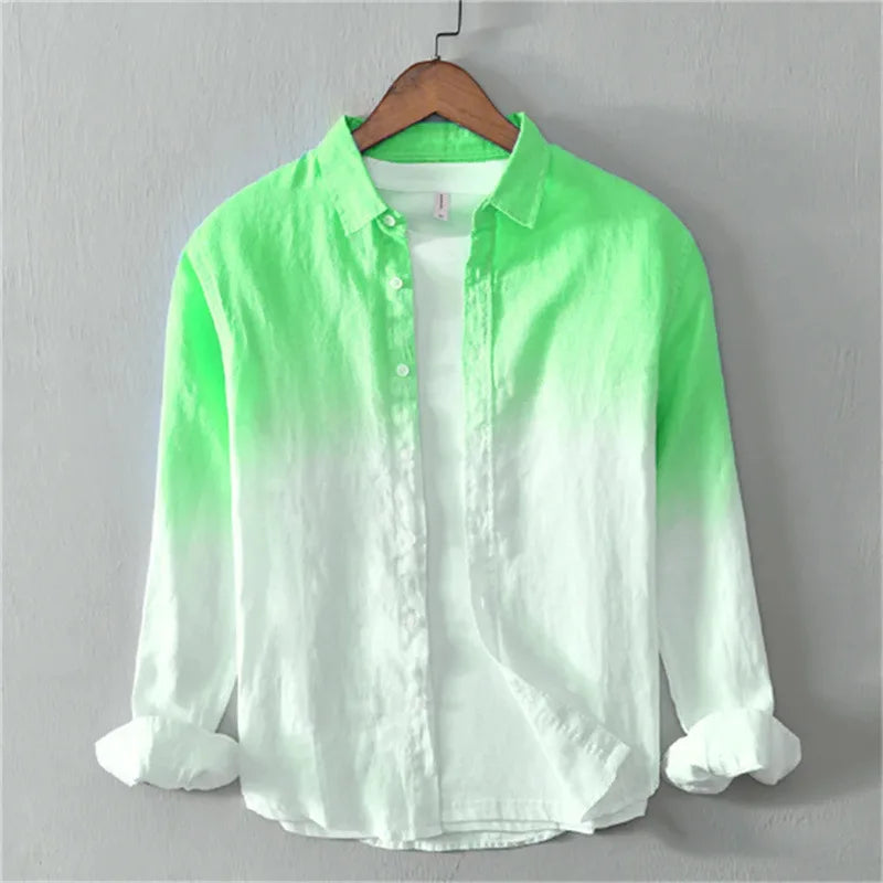 Men's Casual Spring Autumn Long-Sleeve Collared Shirt, Fashionable Light Color Changing 3D Print Linen Shirt, XS-6XL