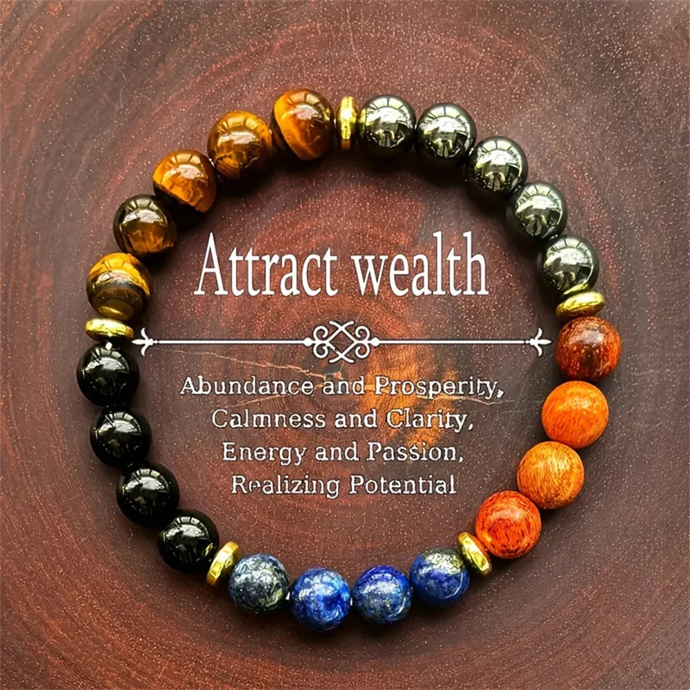 Nueva pulsera para atraer riqueza y prosperidad con piedra de ojo de tigre y lapislázuli, cuentas de madera Natural, pulsera hecha a mano para hombres y mujeres