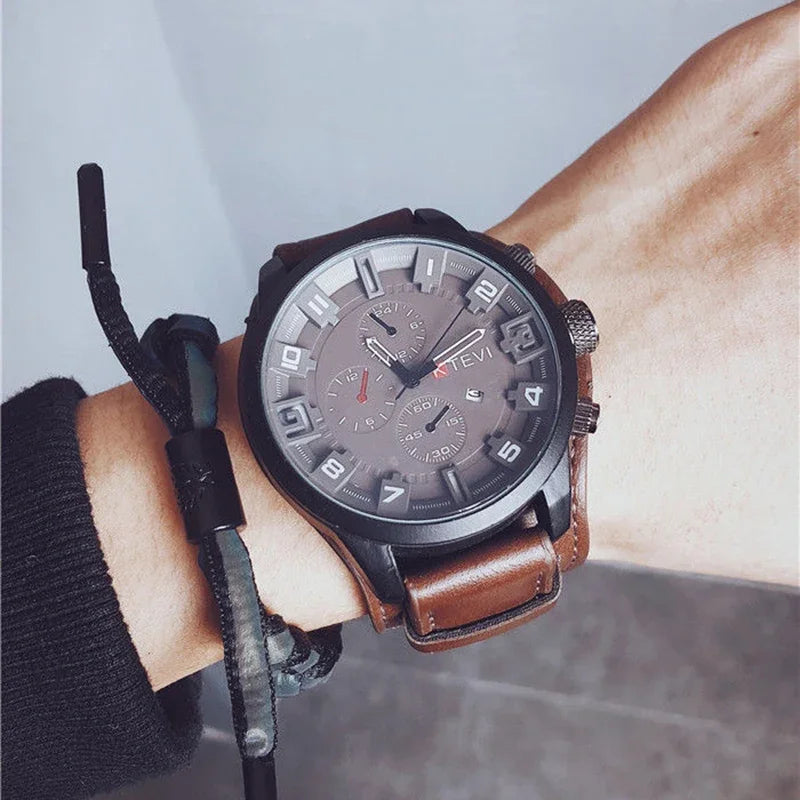 Reloj de Cuarzo para Hombre con Esfera Árabe, Correa de Cuero Informal, Relojes Deportivos con Calendario para Hombre