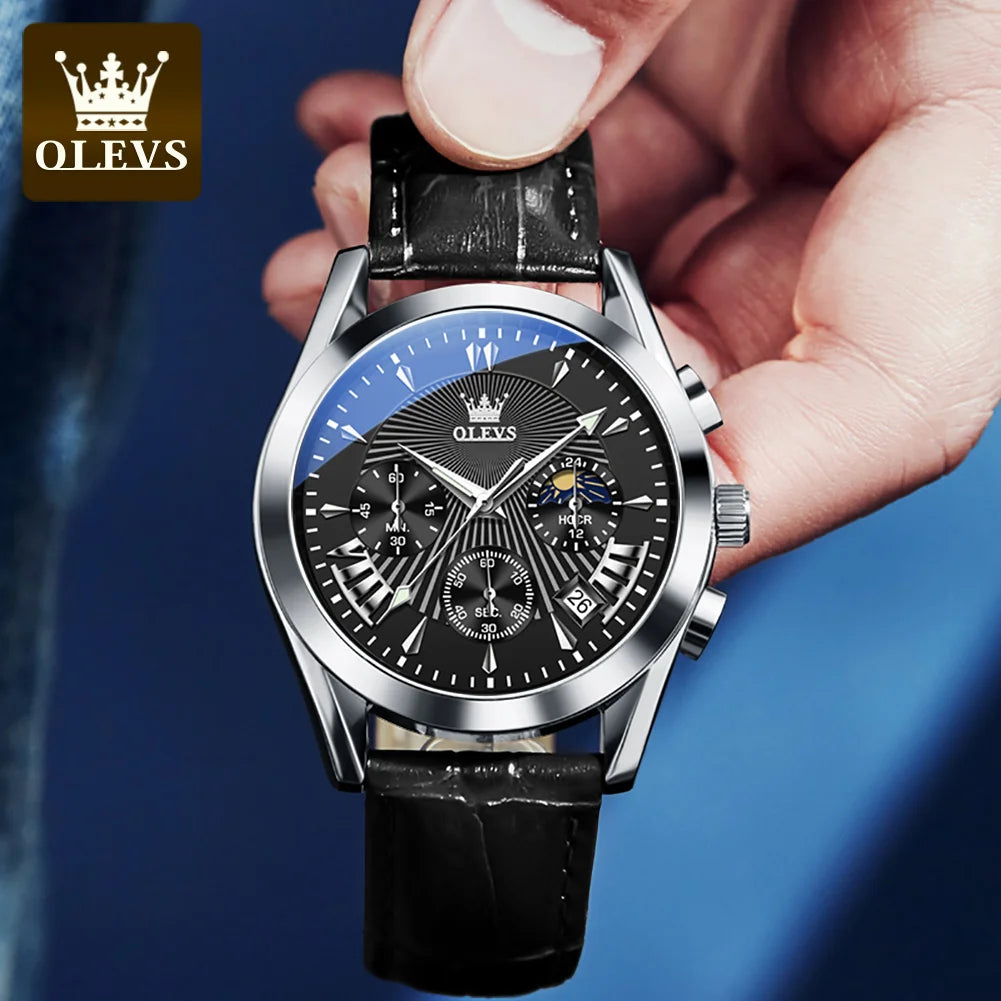 OLEVS 2876 reloj para hombre con correa de cuero reloj de cuarzo resistente al agua fase lunar luminosa relojes cronógrafo multifuncionales para regalo de hombre