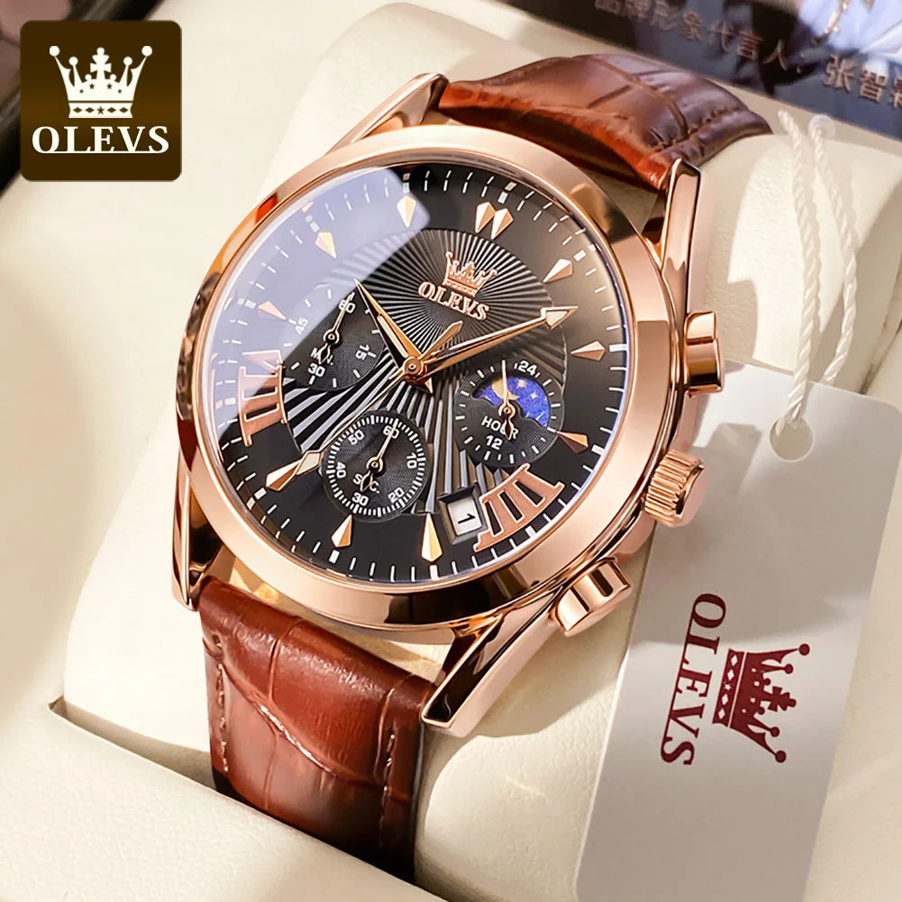 OLEVS 2876 reloj para hombre con correa de cuero reloj de cuarzo resistente al agua fase lunar luminosa relojes cronógrafo multifuncionales para regalo de hombre