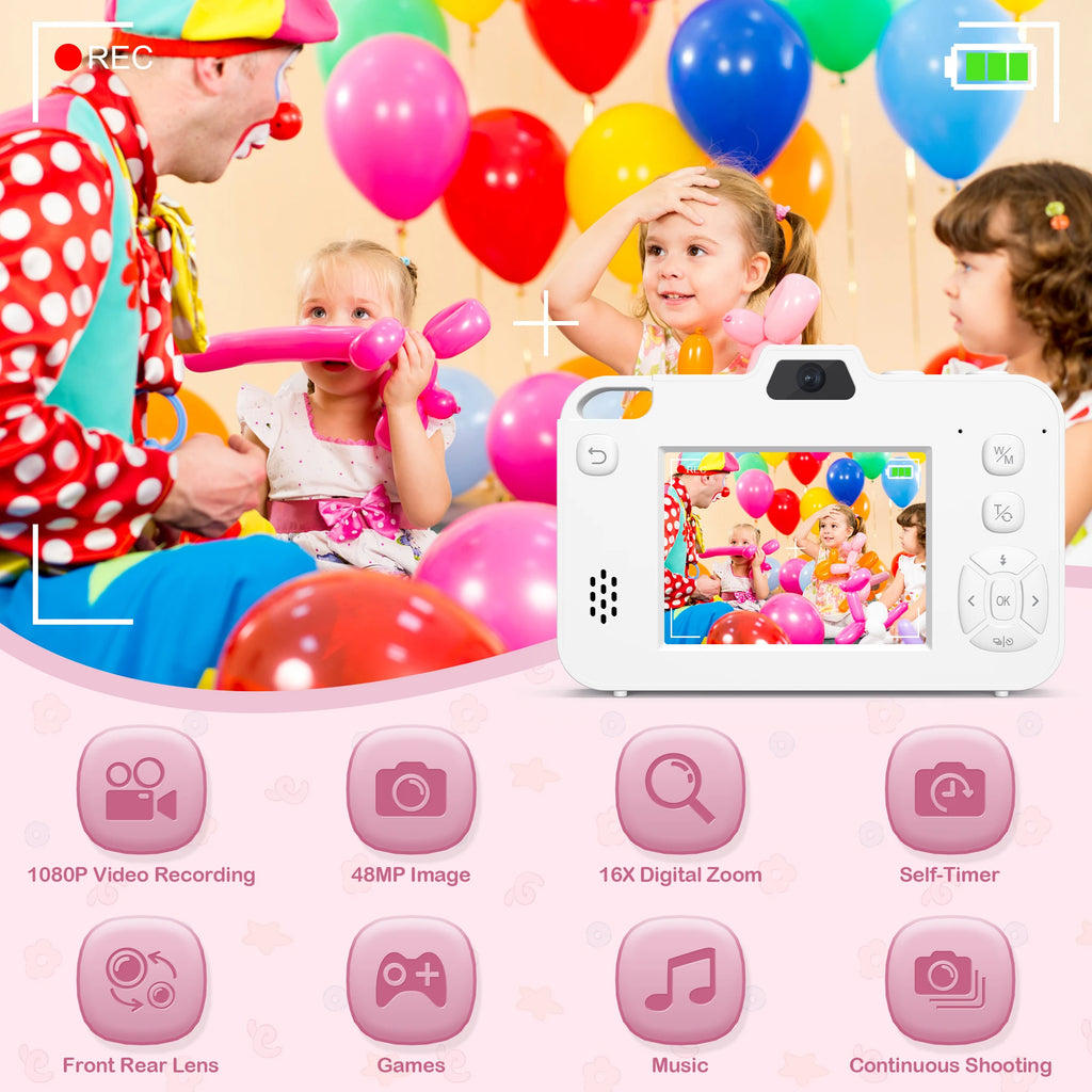 Cámara Digital para Niños 48MP – Doble Lente, Video 1080P, Zoom 16x, Juegos, Batería 600mAh