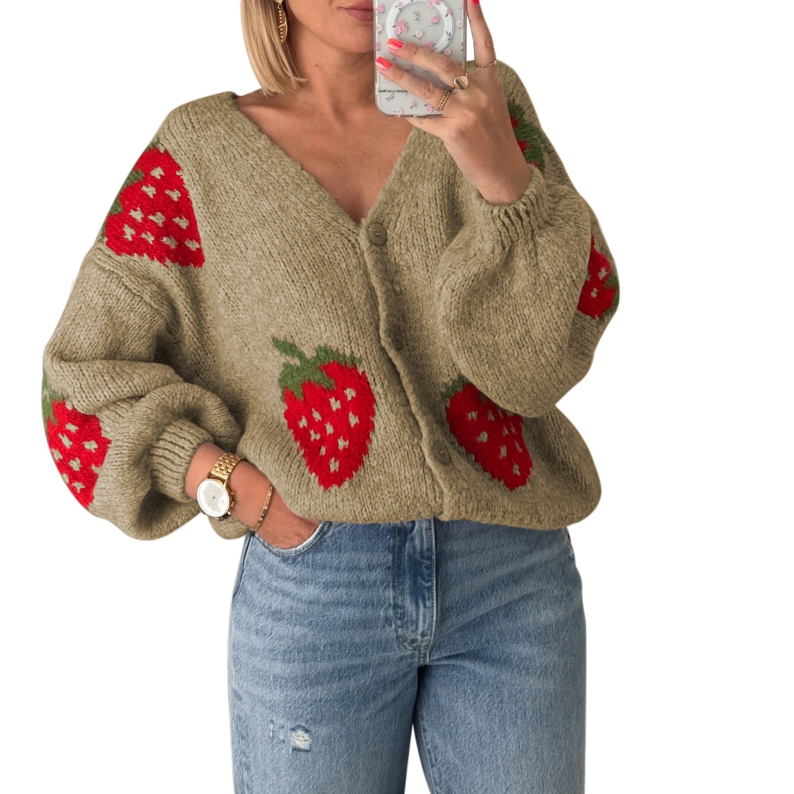 Maemukilabe Women's Knit Cardigan, Casual Long Sleeve Jacket with Strawberry Button Closure, Sweater, Knit Coats for Women
