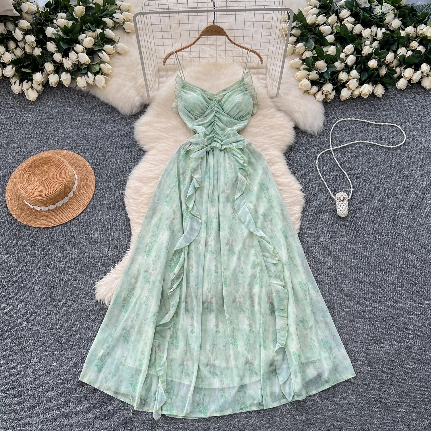 Women's Pleated V-Neck Dress, Elegant Chic Print Clothing, Korean, Sexy, Strappy, Vintage, High Street, Hotsweet, Slim, Fairycore, Summer