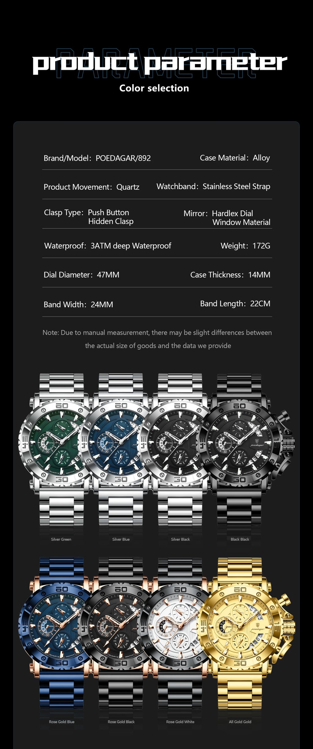 Reloj POEDAGAR de lujo para hombre, calendario luminoso, resistente al agua, Reloj para hombre, cronógrafo masculino, relojes de cuarzo de acero inoxidable para hombre
