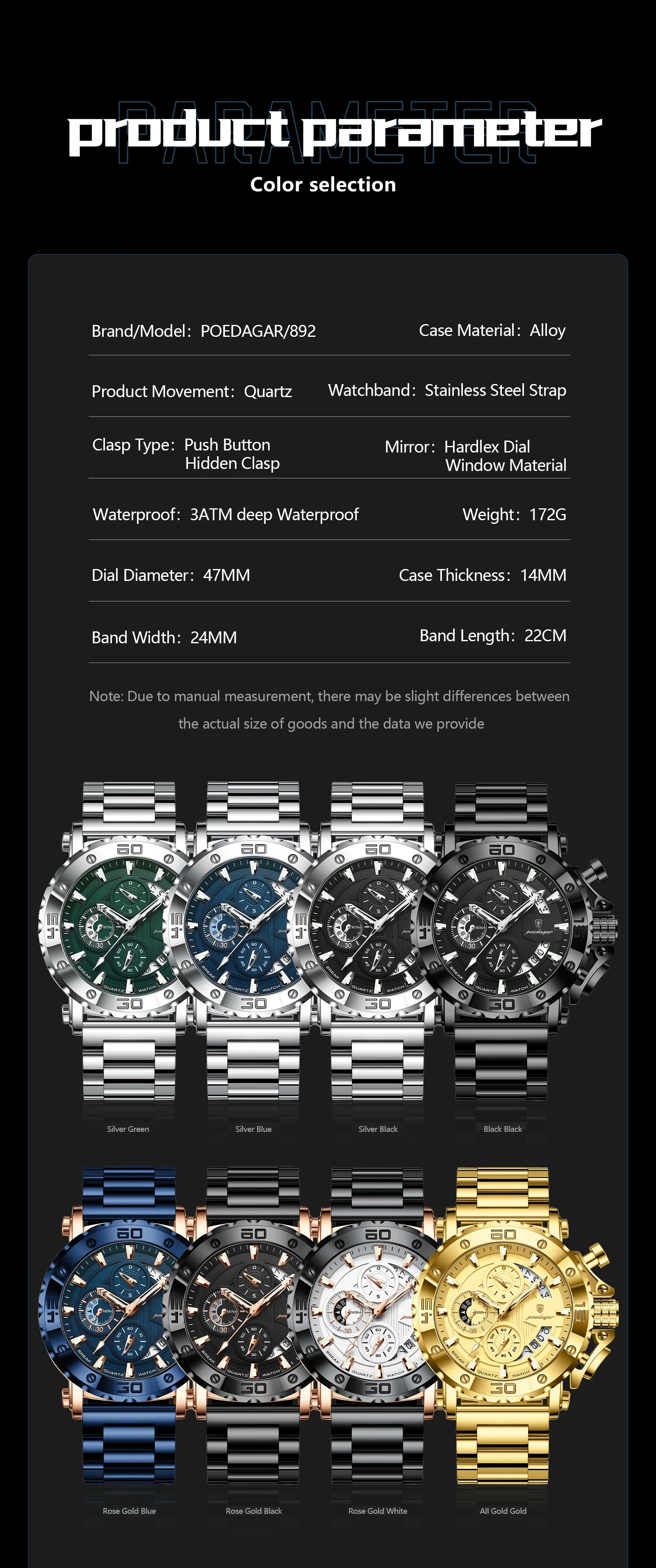 Reloj POEDAGAR de lujo para hombre, calendario luminoso, resistente al agua, Reloj para hombre, cronógrafo masculino, relojes de cuarzo de acero inoxidable para hombre
