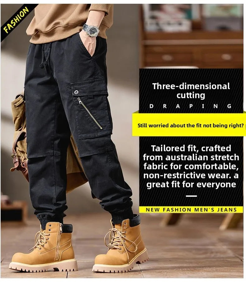 Pantalones Cargo avanzados para hombre, pantalones informales de marca a la moda para motocicleta, pantalones rectos ajustados elásticos multibolsectos para Otoño e Invierno para hombre