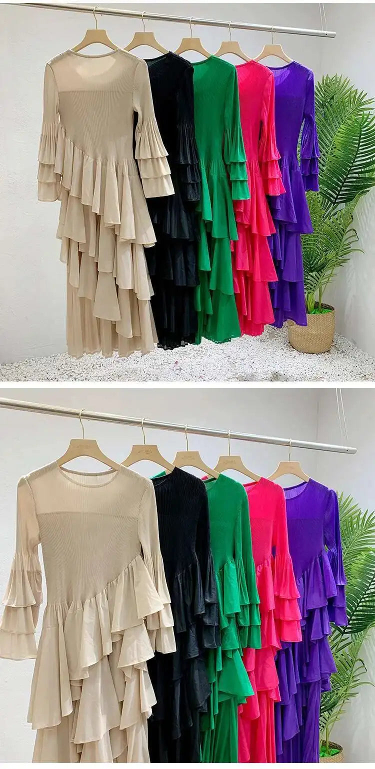 GVUW, vestido plisado para mujer, manga acampanada completa, línea A, volantes empalmados, cuello redondo, fiesta de noche, ropa elegante para mujer 17G4475