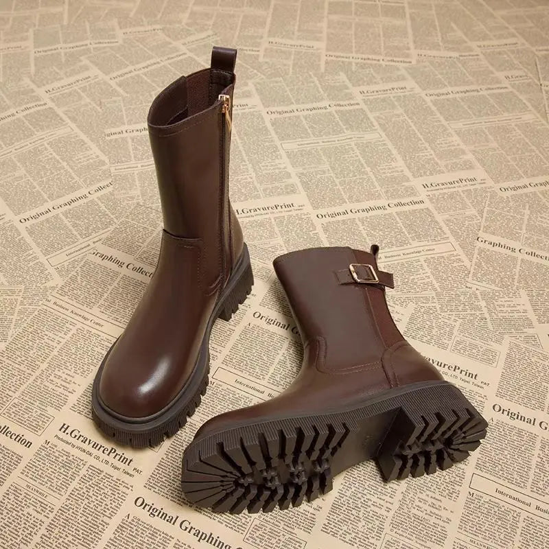 Botas medio altas para mujer, zapatos Chelsea con punta redonda a media pantorrilla para mujer, calzado marrón de tacón medio, oferta gótica de entretiempo para primavera y otoño