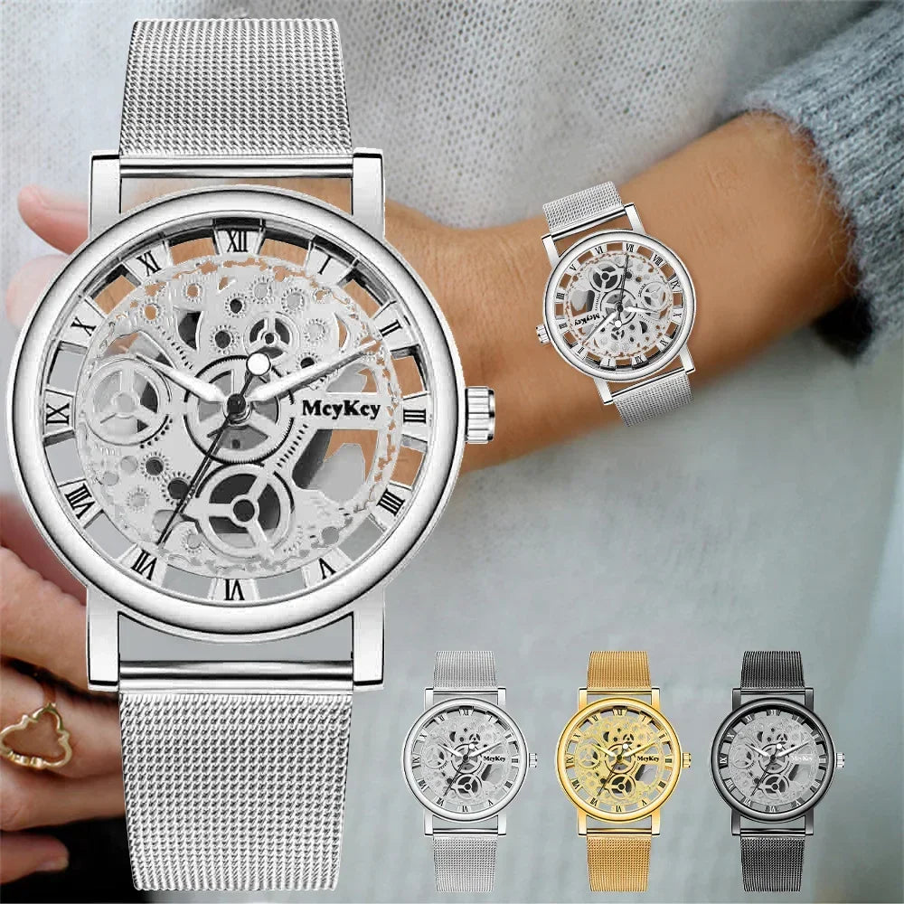 Top de moda para mujer, reloj mecánico de imitación con esqueleto hueco, relojes de pulsera de cuarzo de malla metálica para mujer, reloj femenino