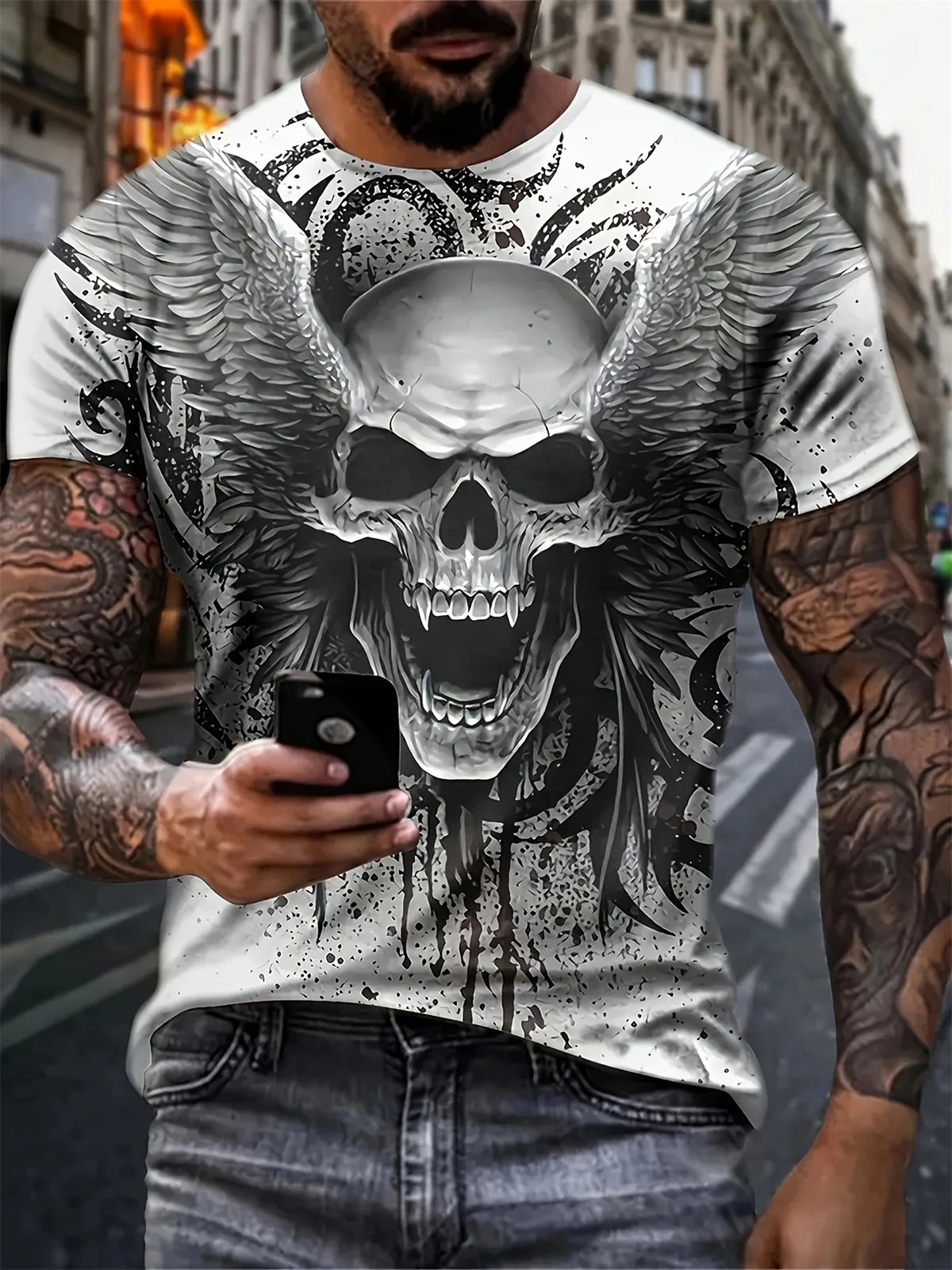 Camiseta de manga corta con estampado 3D de cabeza de calavera para hombre, camiseta de cuello redondo de estilo Punk, ropa de gran tamaño para exteriores de verano, novedad