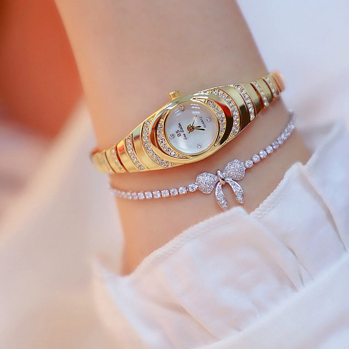 2 uds nuevo reloj de mujer simple con diamantes de imitación esfera redonda conjunto de reloj de cuarzo de aleación