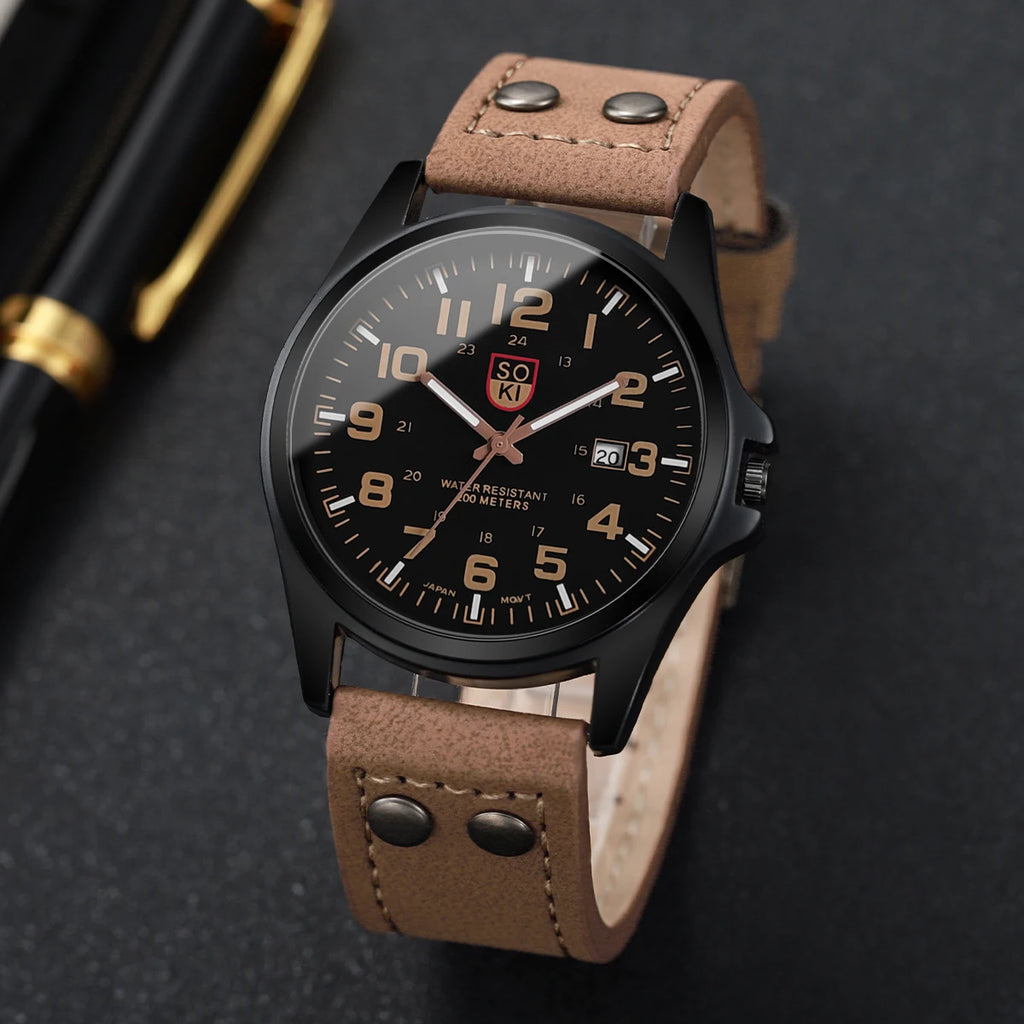 Reloj de cuarzo con esfera árabe para hombre, correa de cuero informal, calendario, relojes deportivos