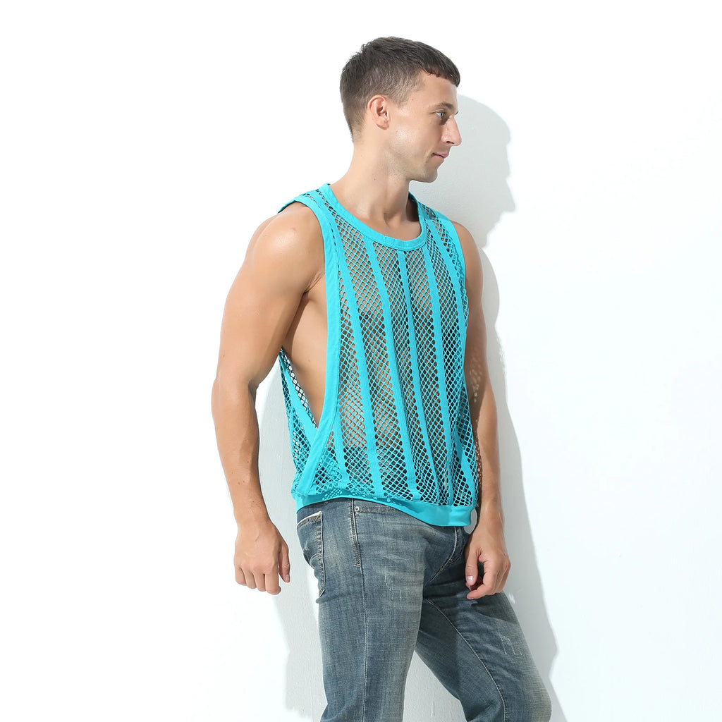 Camisetas sin mangas para hombre, camiseta interior sin mangas, chaleco hueco transparente de malla Sexy, camiseta de rejilla, camiseta musculosa