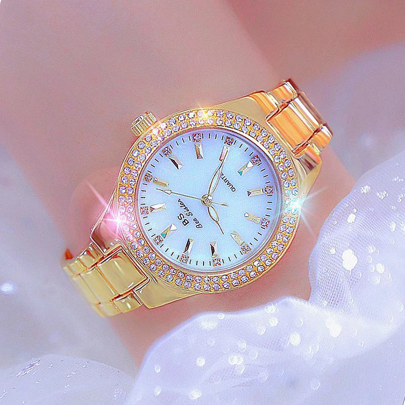 Relojes de pulsera de acero inoxidable para mujer, reloj dorado con diamantes de cristal, plateado