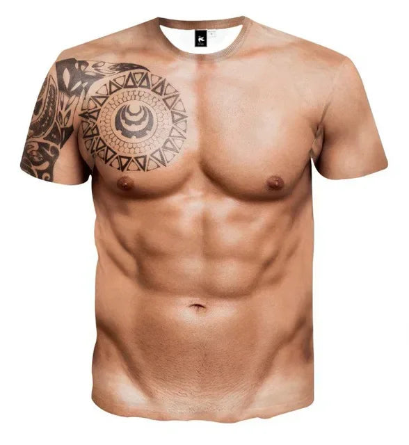 3D Muscle Tattoo Print T-Shirt, Summer Beach Vacation T-Shirt, Digital 3D Print Short Sleeve T-Shirt, Casual T-Shirts