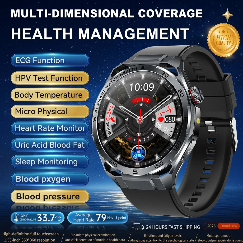 Nuevo Reloj Inteligente Médico con IA para Oxígeno en Sangre 2026, ECG Preciso, Ácido Úrico, Presión Arterial, Grasa Corporal, Fitness, Resistente al Agua
