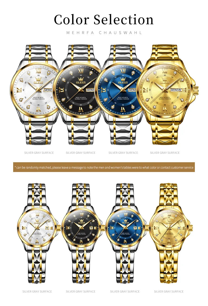 OLEVS, reloj de cuarzo Original superior para parejas, reloj de lujo con esfera de diamante a escala romana para hombres y mujeres, reloj de mano resistente al agua con correa de rombos