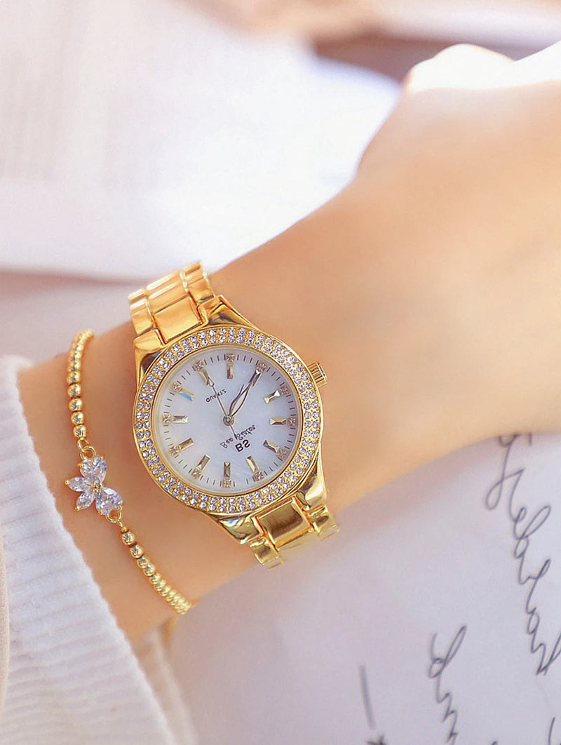 Relojes de pulsera de acero inoxidable para mujer, reloj dorado con diamantes de cristal, plateado