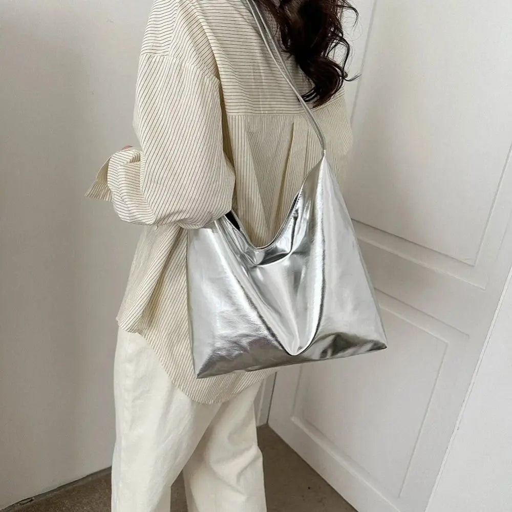 Bolso de mano con asa superior de PU para mujer, bolso de compras de diseñador de lujo, bolso de mano informal de cuero dorado plateado de alta capacidad, moda