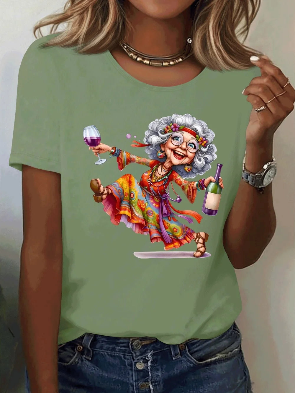 Camiseta elegante con estampado gráfico de abuela para mujer, camiseta informal de verano de manga corta, camisetas divertidas y lindas con cuello redondo, ropa informal para mujer