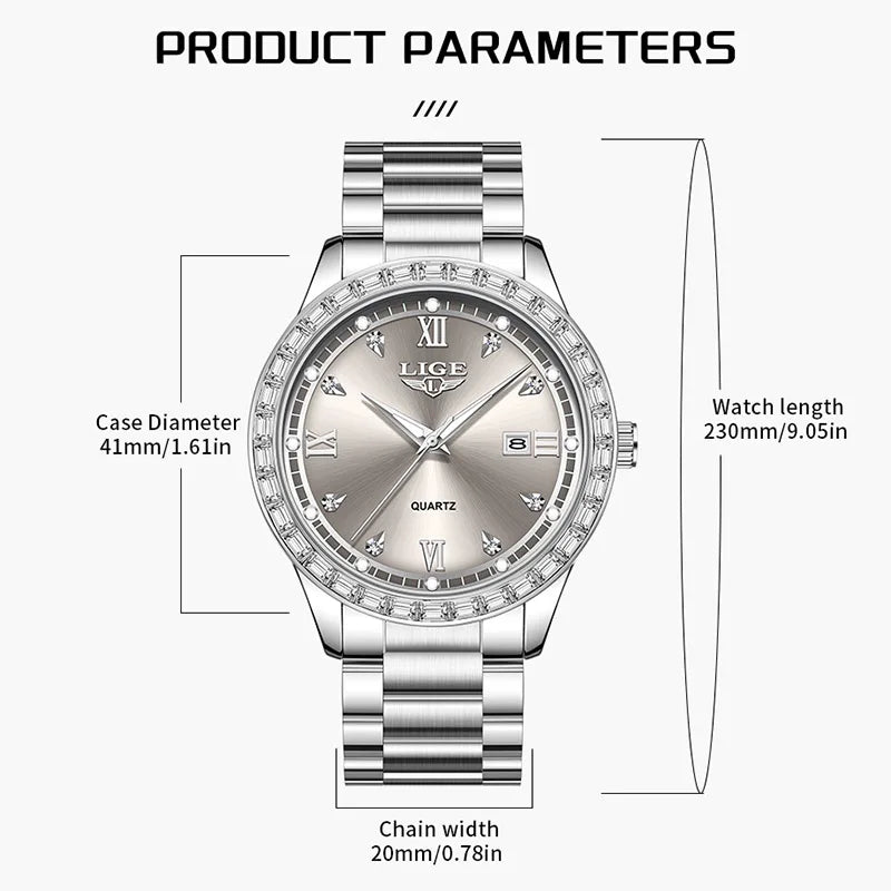 Reloj LIGE elegante para mujer, reloj resistente al agua a la moda, reloj luminoso de cuarzo de negocios de acero inoxidable para mujer, reloj de mujer + caja