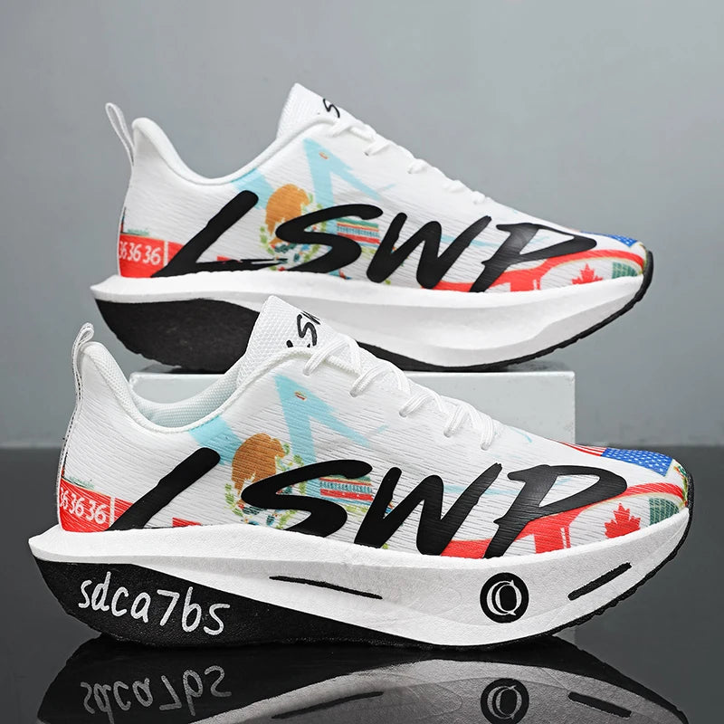 Zapatillas para correr unisex ligeras y transpirables - Tecnología de placa de carbono completa, combinación de colores blanco/azul/naranja, diseño de malla de caña baja, adecuadas para maratón, carreras de velocidad y u