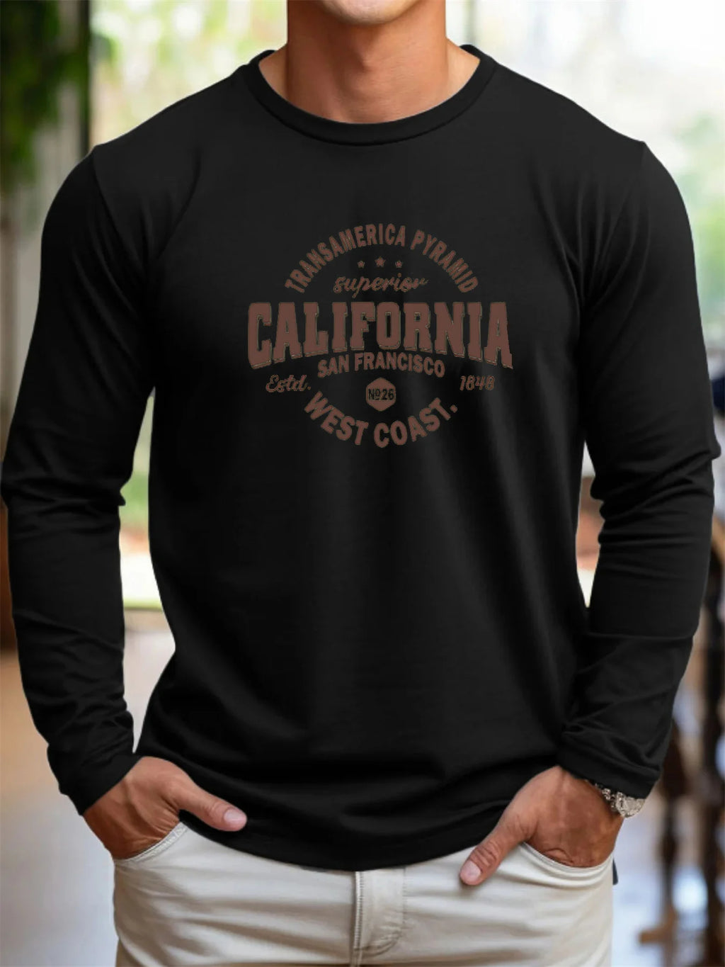 Camiseta holgada y cómoda de algodón 100% puro para hombre, camiseta de manga larga con cuello redondo y estampado de letras de California para deportes y ocio