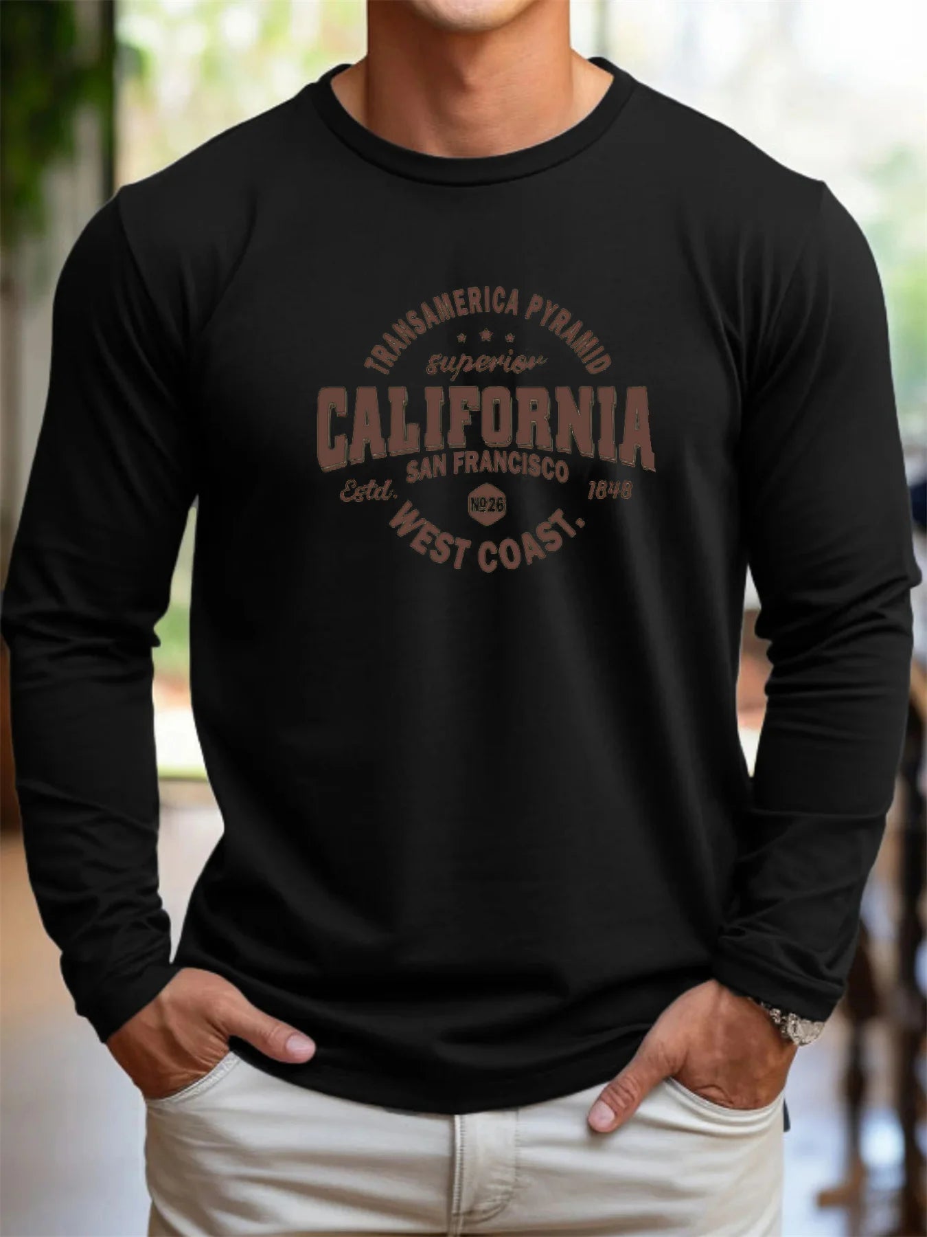 Camiseta holgada y cómoda de algodón 100% puro para hombre, camiseta de manga larga con cuello redondo y estampado de letras de California para deportes y ocio