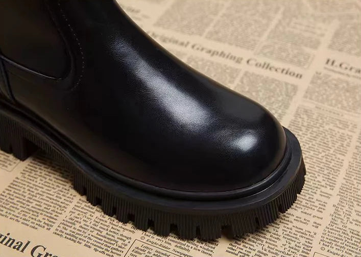 Botas medio altas para mujer, zapatos Chelsea con punta redonda a media pantorrilla para mujer, calzado marrón de tacón medio, oferta gótica de entretiempo para primavera y otoño