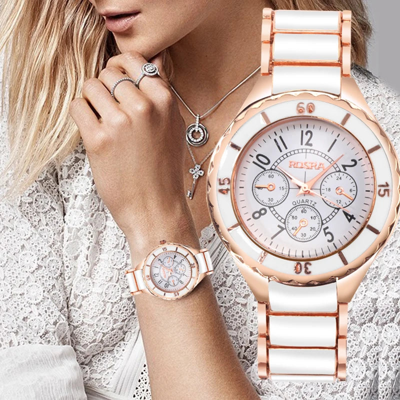 Reloj blanco de oro rosa para Mujer, Reloj clásico de acero y cerámica para Mujer, Reloj de pulsera para Mujer, Reloj femenino Saati