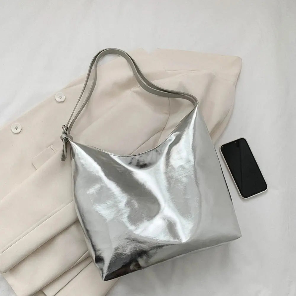 Bolso de mano con asa superior de PU para mujer, bolso de compras de diseñador de lujo, bolso de mano informal de cuero dorado plateado de alta capacidad, moda