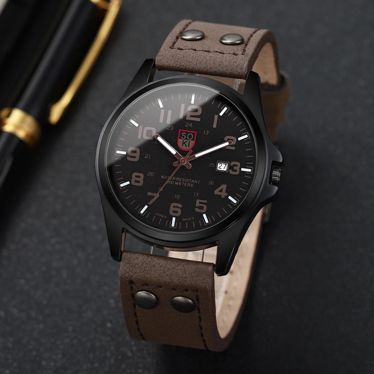 Reloj de cuarzo con esfera árabe para hombre, correa de cuero informal, calendario, relojes deportivos