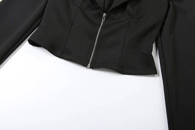 SiSterlinda-Conjunto de 2 piezas de retazos para mujer, Tops cortos con cremallera y cuello en V y manga acampanada + Mini pantalones cortos de encaje, trajes Hipster elegantes de estilo de oficina