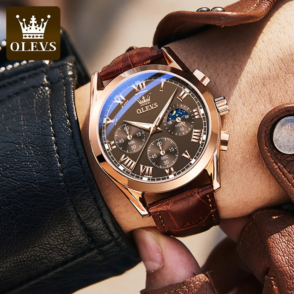 OLEVS 2871 reloj de cuarzo para hombre de la mejor marca, reloj de negocios noctilucente resistente al agua de lujo, correa de cuero, reloj de fase lunar, reloj Masculino