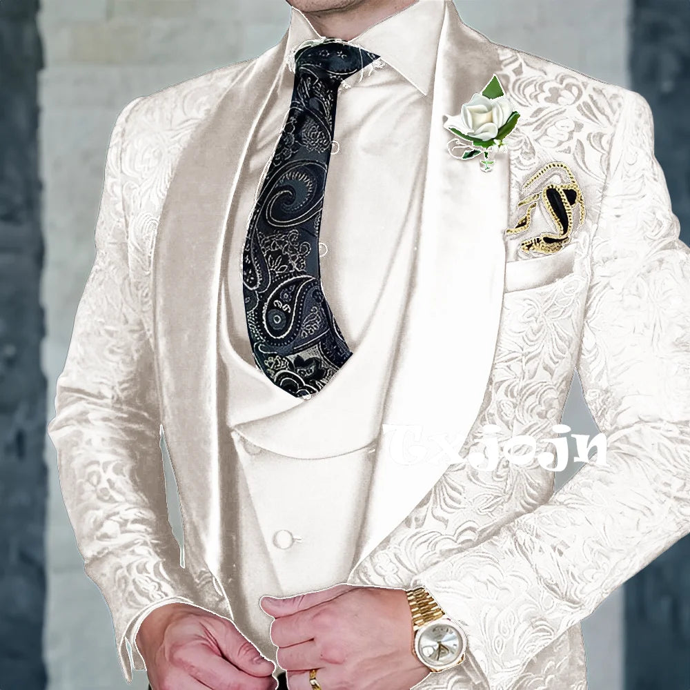 Exquisitos trajes de jacquard de 3 piezas para hombre, conjuntos de novio de boda, bonito conjunto de traje con solapa y chal, ropa de baile, esmoquin Formal para negocios