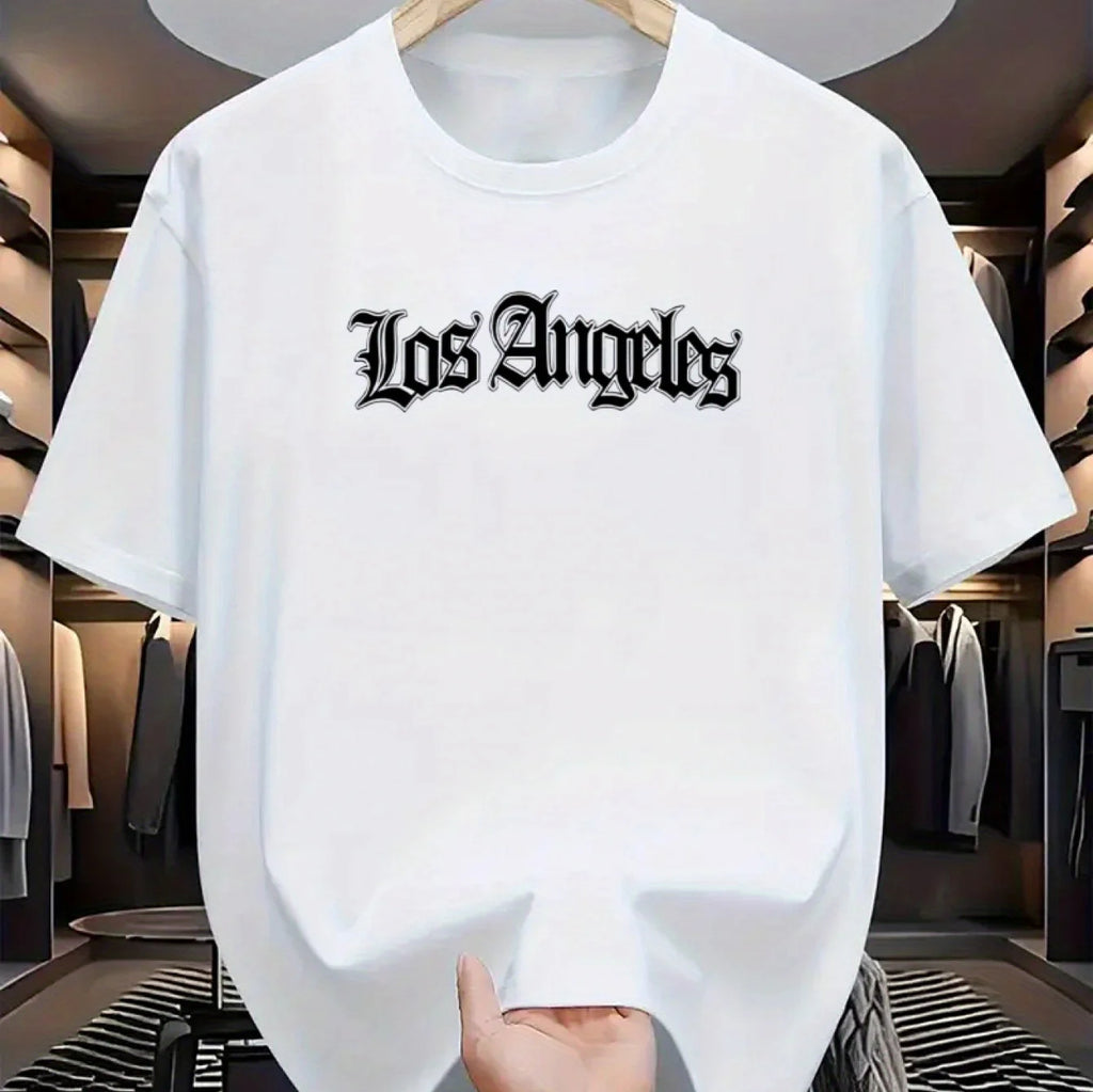 Camiseta deportiva holgada informal a la moda de algodón 100% de verano para hombre, camiseta de manga corta con estampado de letras de Los Ángeles y cuello redondo