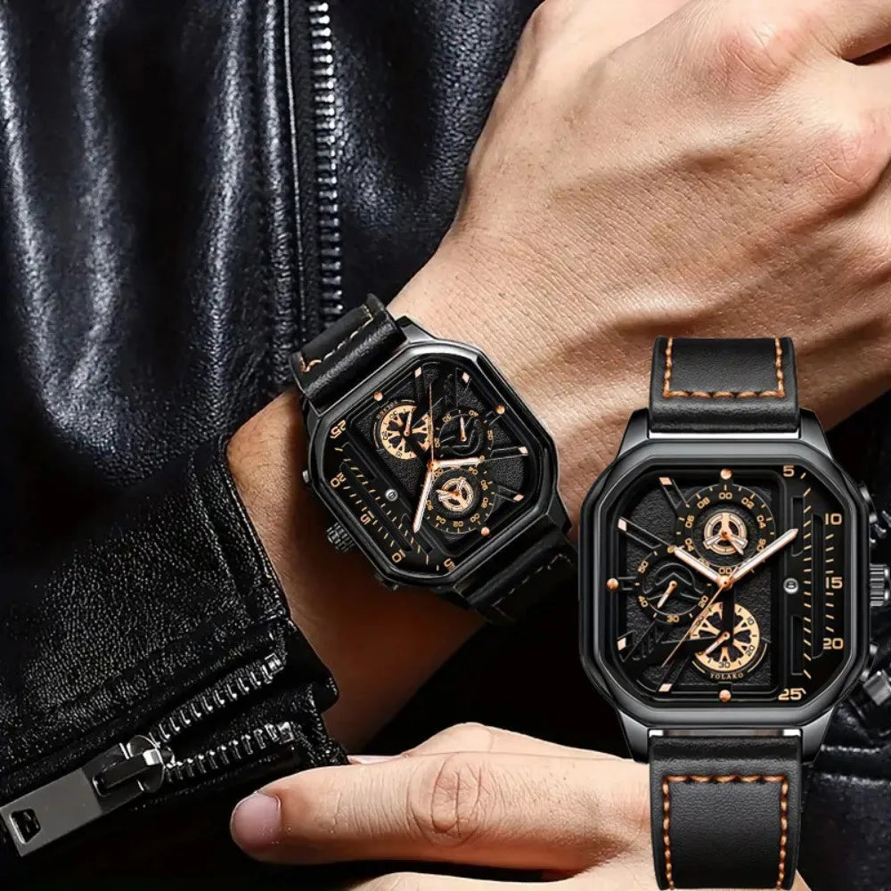 Reloj cuadrado de lujo con esfera grande para hombre, correa de cuero PU informal, relojes deportivos para hombre
