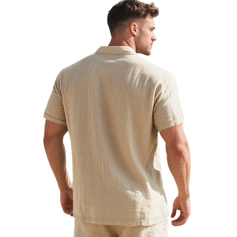Camisa POLO de manga corta de lino y algodón de alta calidad para hombre, camisa informal holgada y cómoda, camisetas de verano con botones y cuello vuelto