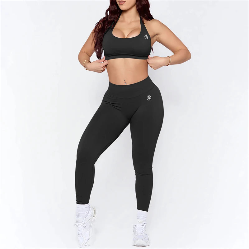 Women's Yoga Set - Ruched Butt Lifting Leggings and Impact Sports Bra, Seamless Outfits, Sexy Halter Gym Bra Set, 2025