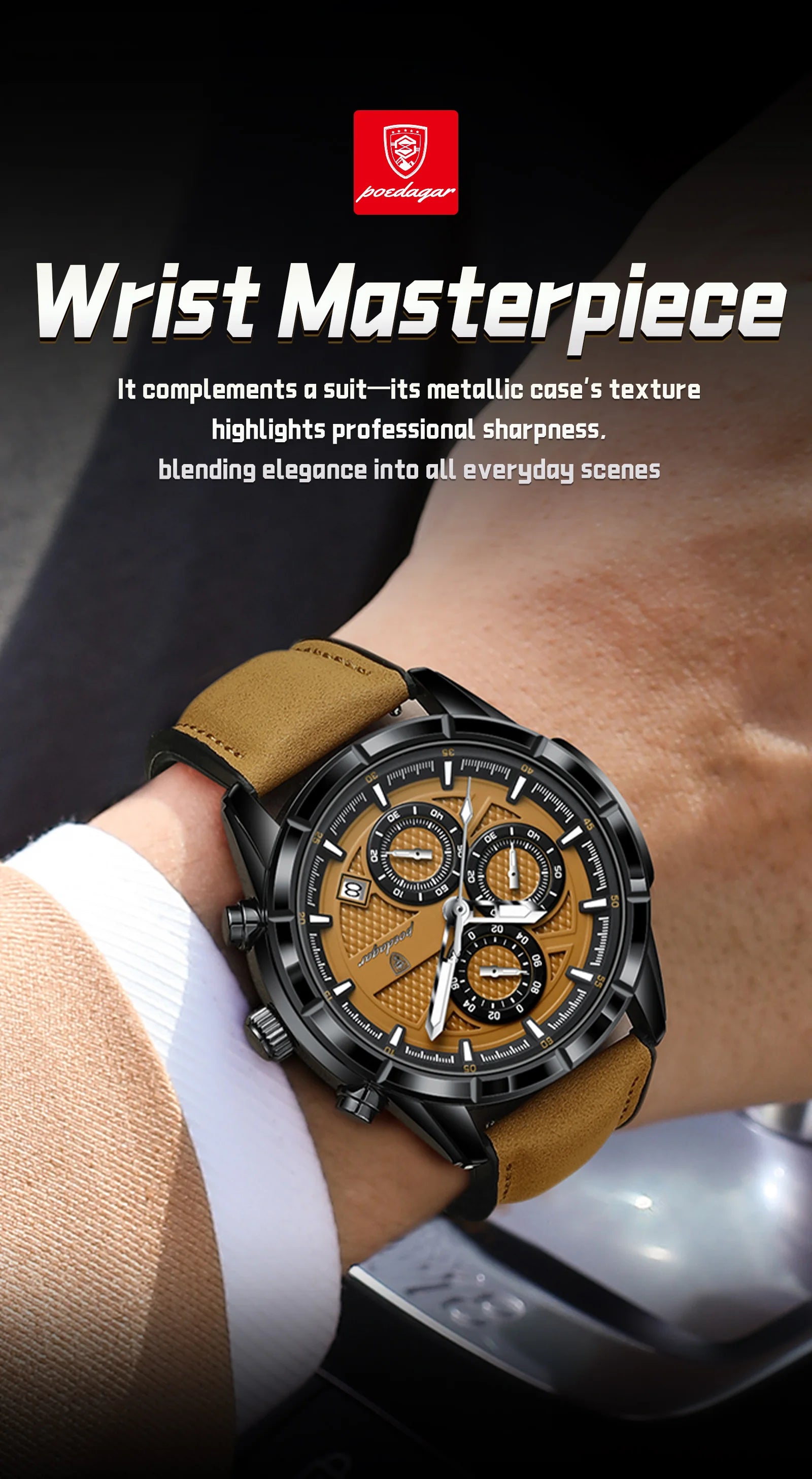 Reloj de pulsera POEDAGAR de lujo para hombre, relojes de cuarzo de cuero originales para hombre, cronógrafo con fecha, reloj luminoso resistente al agua para hombre + caja