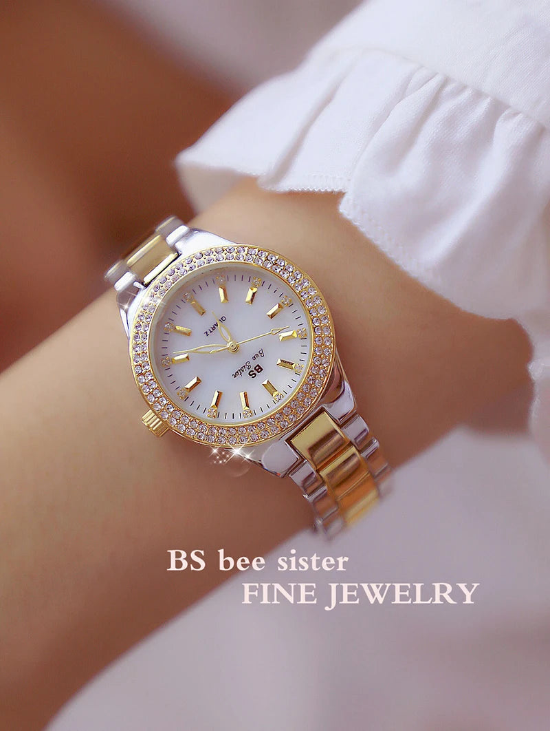 Relojes de pulsera de acero inoxidable para mujer, reloj dorado con diamantes de cristal, plateado