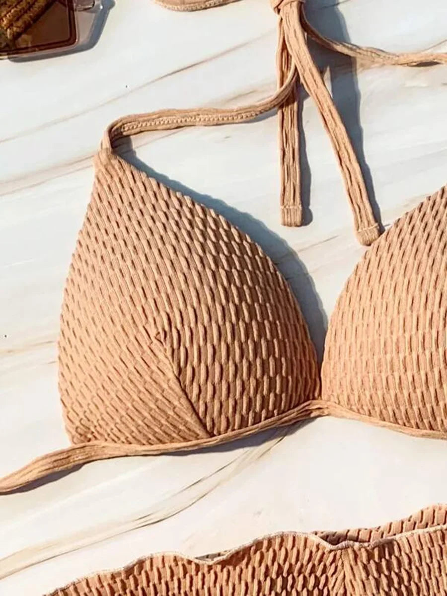 Con falda, Bikini arrugado con copa de sujetador, traje de baño femenino, traje de baño para mujer, conjunto de Bikini de tres piezas, traje de baño Push Up, ropa de playa para nadar