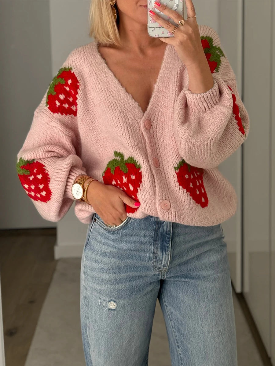 Maemukilabe-cárdigan de punto para mujer, chaqueta informal de manga larga con cierre de botón de fresa, suéter, abrigos de punto para mujer