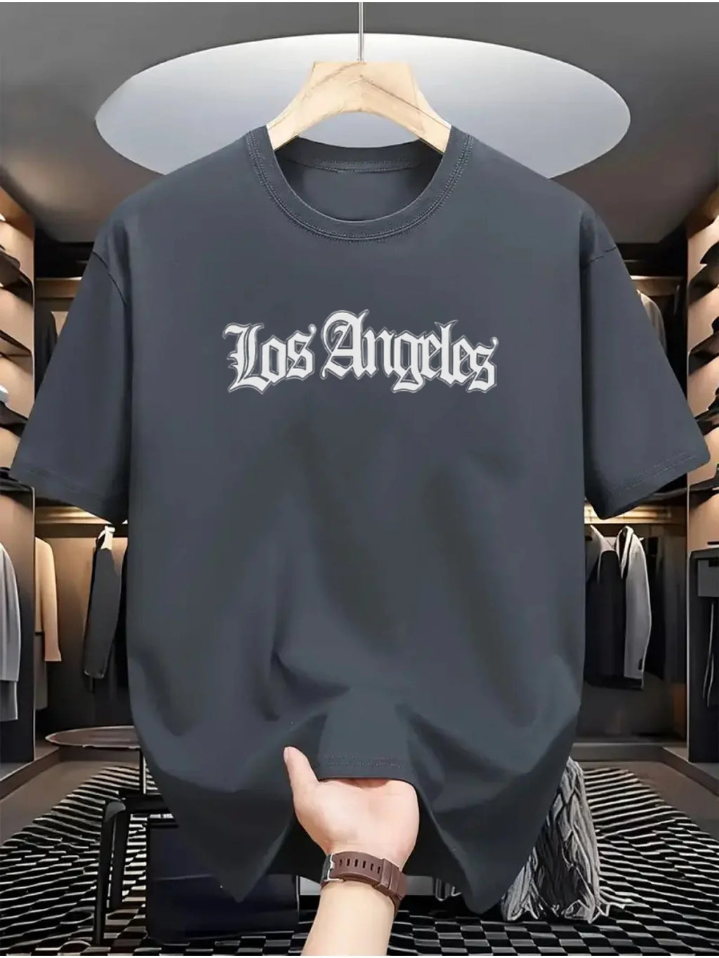 Camiseta deportiva holgada informal a la moda de algodón 100% de verano para hombre, camiseta de manga corta con estampado de letras de Los Ángeles y cuello redondo