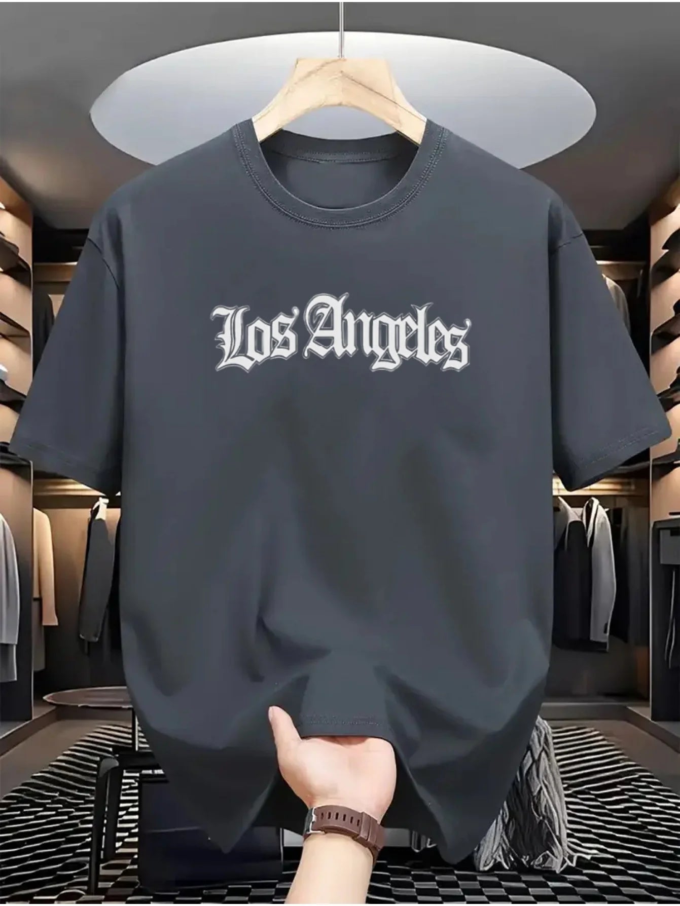 Camiseta deportiva holgada informal a la moda de algodón 100% de verano para hombre, camiseta de manga corta con estampado de letras de Los Ángeles y cuello redondo