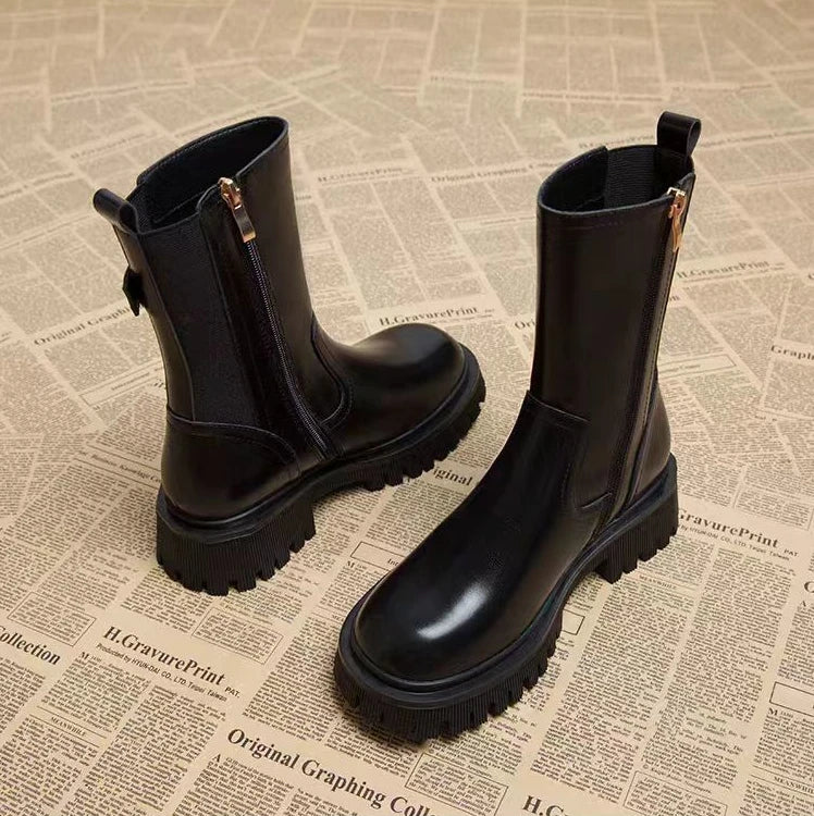 Botas medio altas para mujer, zapatos Chelsea con punta redonda a media pantorrilla para mujer, calzado marrón de tacón medio, oferta gótica de entretiempo para primavera y otoño