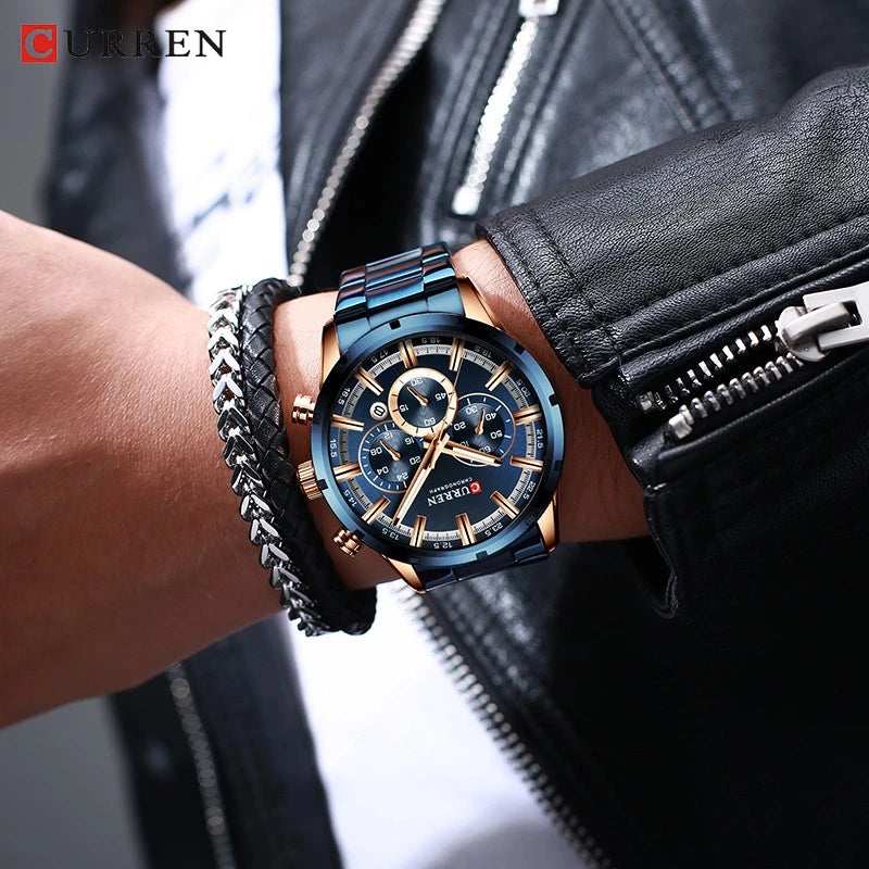 Reloj de pulsera CURREN de Cuero militar de lujo de la mejor marca, relojes deportivos informales para hombres, reloj de pulsera azul para hombre, reloj de pulsera cronógrafo de moda